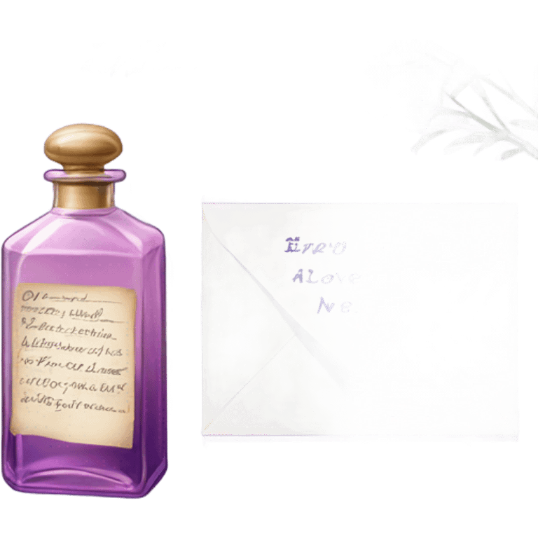 Aesthetic still life of soft violet mimosa flowers, a vintage-style pink perfume bottle, and a lavender love note delicately placed in an envelope.
 emoji