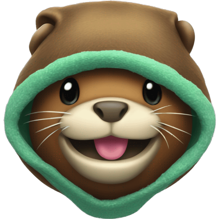 Very cute beaver with frog beanie smiles towards with their teeth out emoji