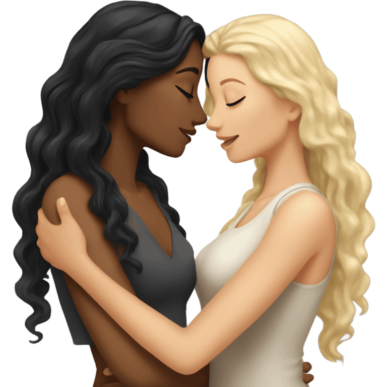 A indian race woman with long black hair kissing a white woman with curly dirty blonde hair, Who embrace each other tenderly emoji