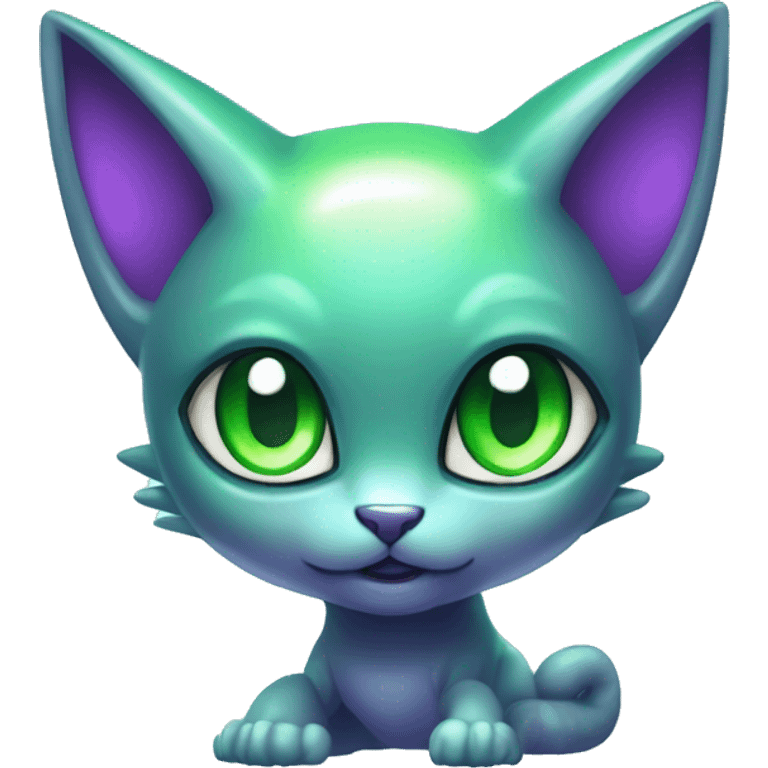 Shiny, Sparkly, Dark-type--Psychic-Ice-type-Fakémon-Alien-Cat Blind Purple eyes, green gem, full body emoji