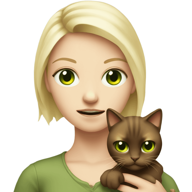 green eyed pale blonde girl holding angry brown cat indoors emoji