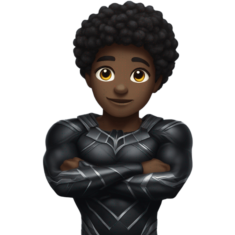 Muscular Afro teenage boy in a black panther superhero costume standing on a spaceship. emoji