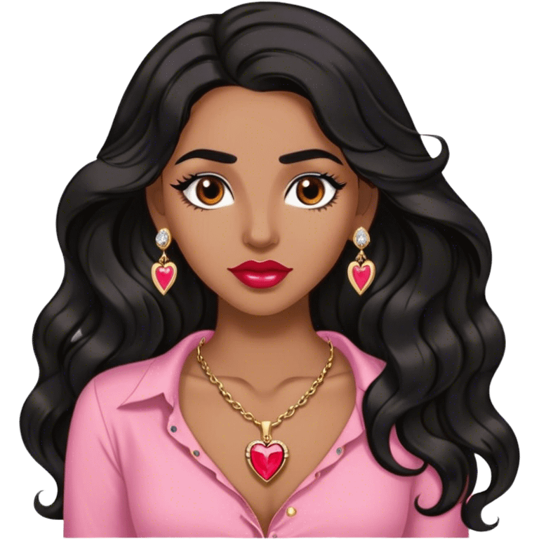 Woman,Medium brown skin,super long black wavy hair, medium brown arched eyebrows, full lashes, red nude lips, diamond stud earrings, gold heart locket, pink shirt emoji