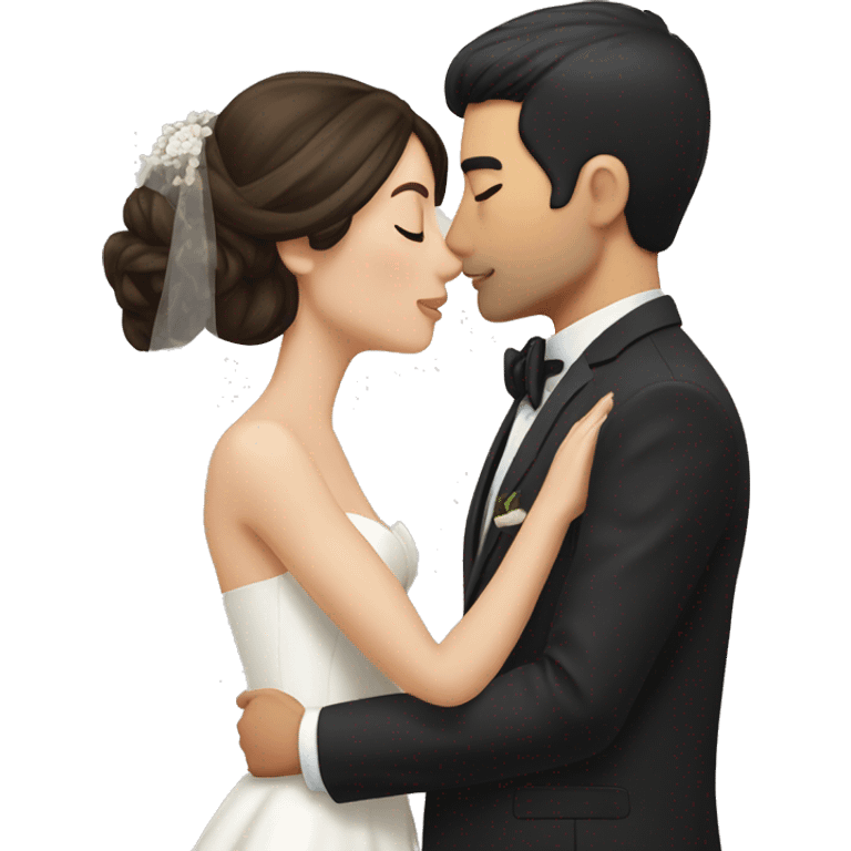 Bride with brunette hair and fair skin kissing groom with black hair and beige skin emoji