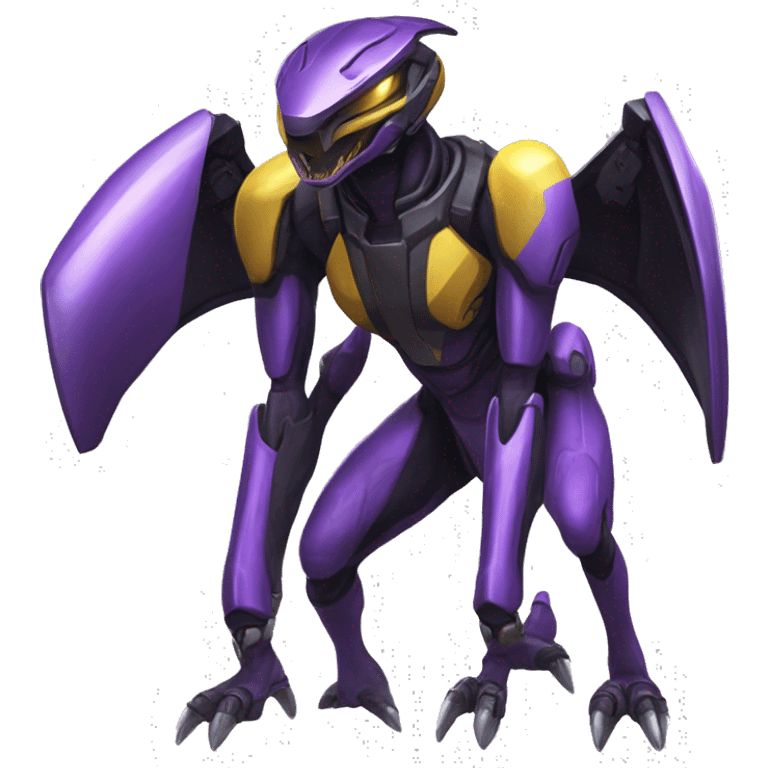 a shiny black-purple-yellow Genesect-Raptor-Fakémon—hybrid with a futuristic visor-helmet full bod emoji