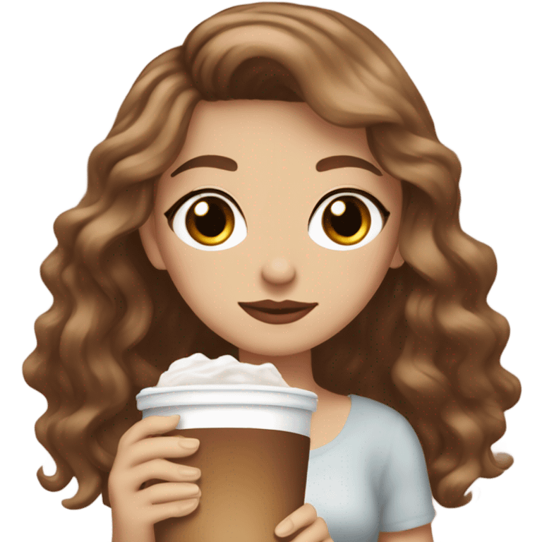 aesthetic white girl with brown wavy hair and brown eyes sipping an iced americano in a cute coffee shop  emoji