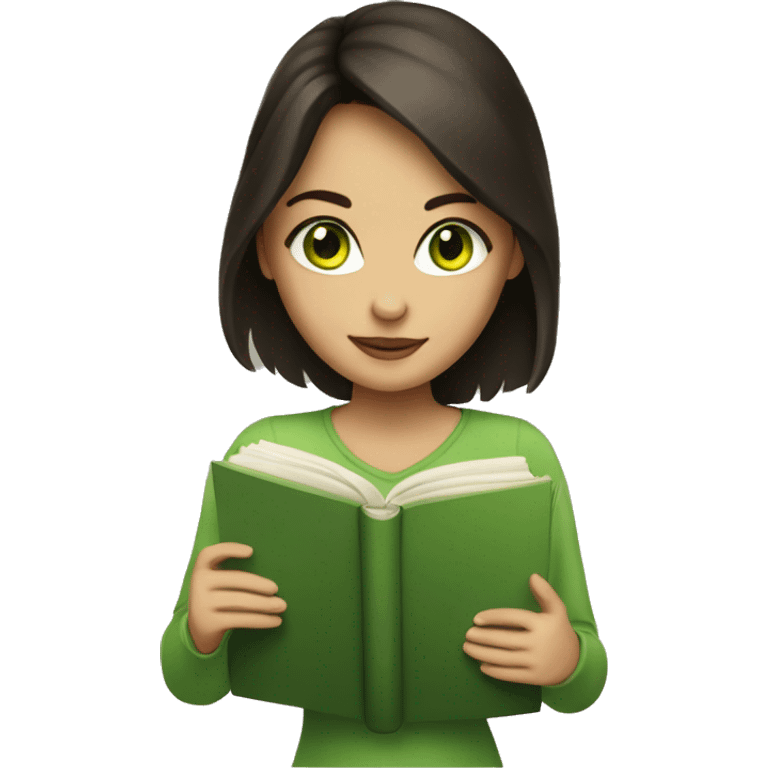 brunette girl with green eyes with book emoji