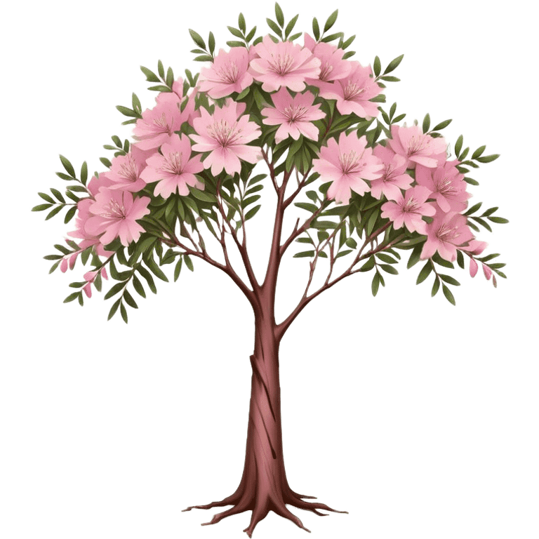 Cinematic Realistic Melaleuca Emoji, Elegant and resilient, with peeling, papery bark and delicate, needle-like leaves. The tree stands tall and graceful, with clusters of white and pink flowers dotting the branches. Soft glowing outline, capturing the essence of natural elegance and resilience in a beautiful melaleuca tree! emoji