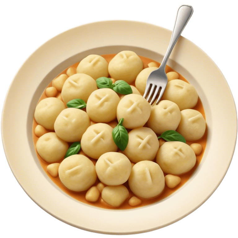 Gnocchi Cinematic Realistic Gnocchi Dish Emoji, depicted as tender potato dumplings garnished with iconic fork marks on top, rendered with soft textures and warm, inviting lighting. emoji