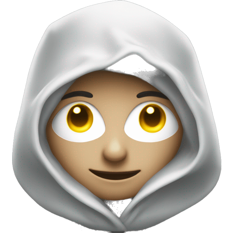 white glowing eyes in a hood wit no pupils with darkness surrounding everything and a white glow around it emoji