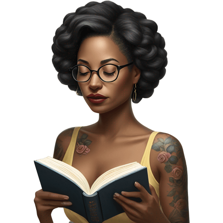 Hyper Realistic beautiful woman model with a small rose tattoo reading a book  emoji