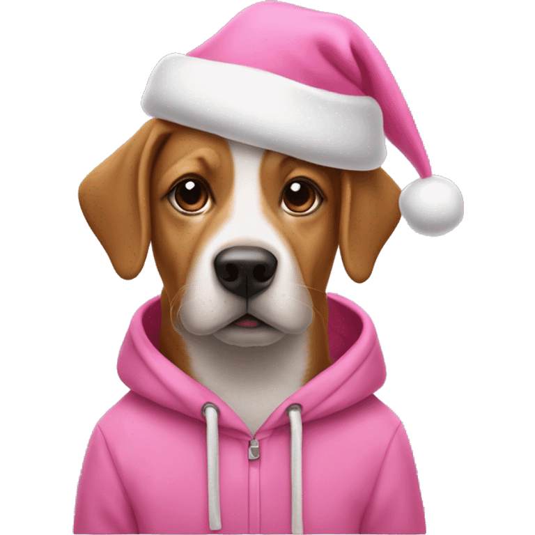 Dog wearing a pink hoodie and a pint Santa hat emoji