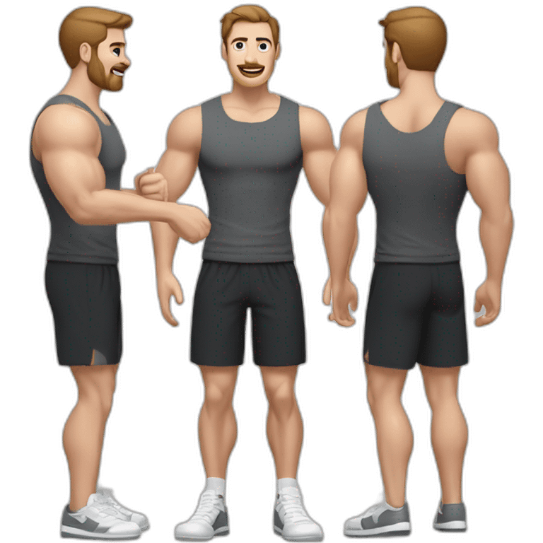 Full height Actively gesturing with hands Pale skinned Fit Man With the biceps and brown hair in dark gray Sleeveless Mike, black oversize sports shorts, watch and white Sneakers emoji