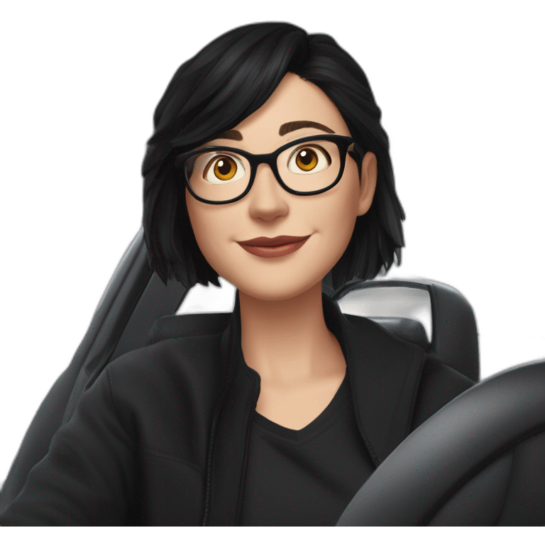 middle-age-lean-white-girl,no-facial-hair,-with-black-hair-&-glasses-wearing-black-Tesla-T-shirt,-inside-black-tesla-model-3, at the wheel, front view emoji