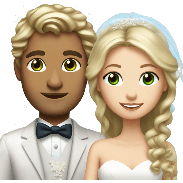 Bride with long wavy lose brown hair and green eyes and groom with blonde hair and blue eyes  emoji