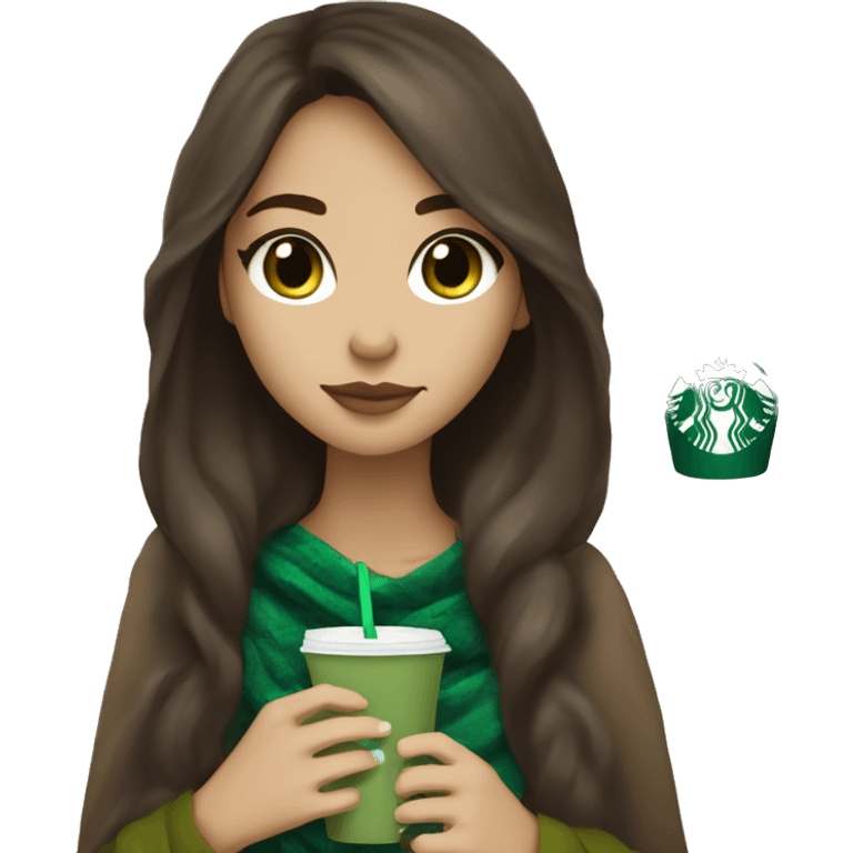 Brune long hair girl with white skin with green eyes a blanket beige sipping Starbucks coffee emoji