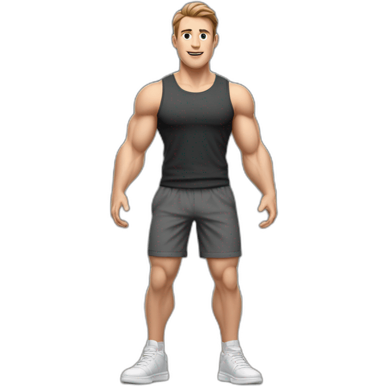 Full height realistic Actively gesturing with hands Pale skinned Fit Man With the biceps and brown hair in dark gray Sleeveless Mike, black oversize sports shorts, watch and white Sneakers emoji