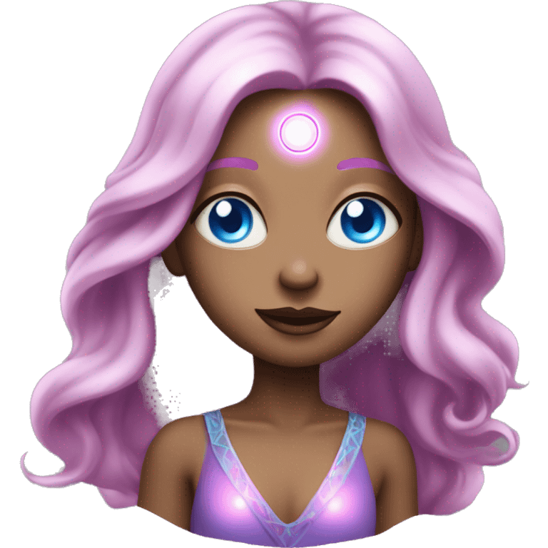 magical diva with thin pink andromedan skin long hair and blue eyes glowing third eye emoji