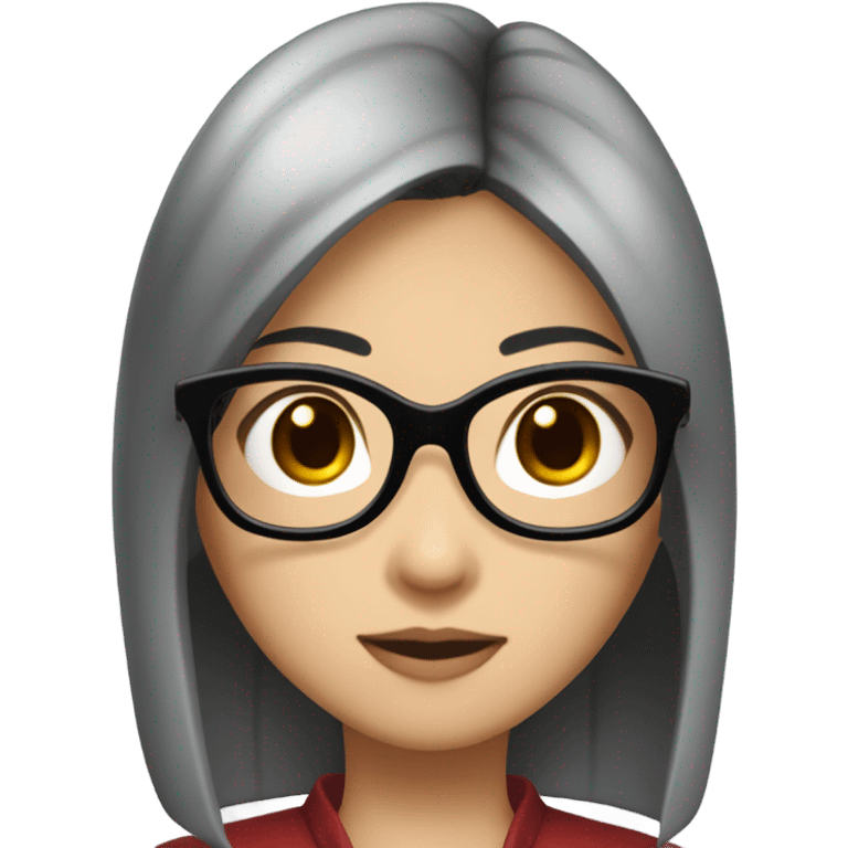 a asian girl with medium black staight hair and bayonetta glasses that us dark red emoji