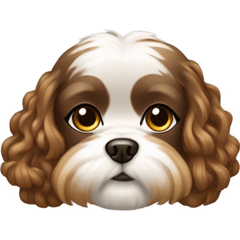 long brown curly hair Japanese girl with golden cream and brown colored shih tzu emoji