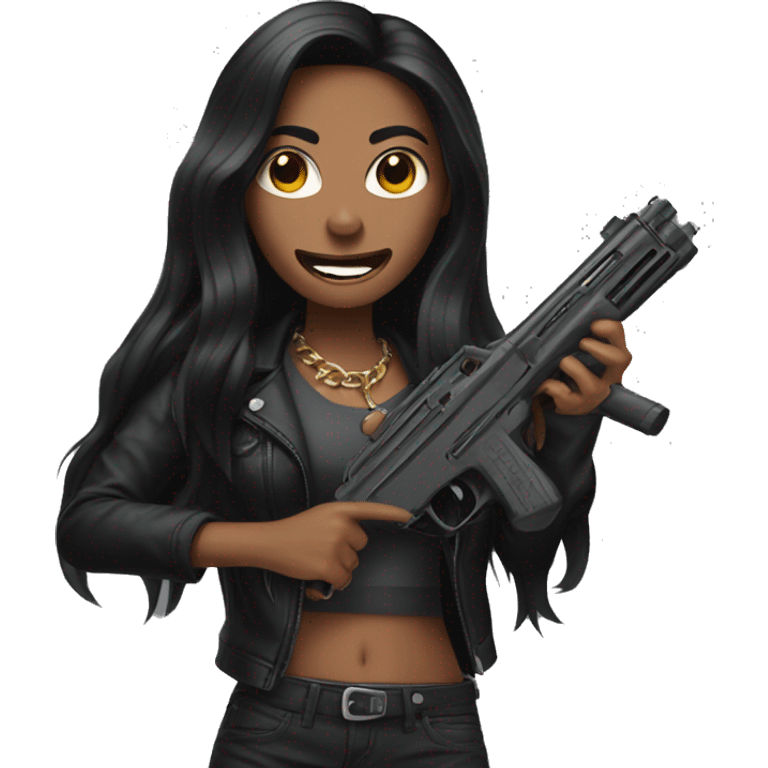 woman with long black hair and grillz holding 2 guns emoji