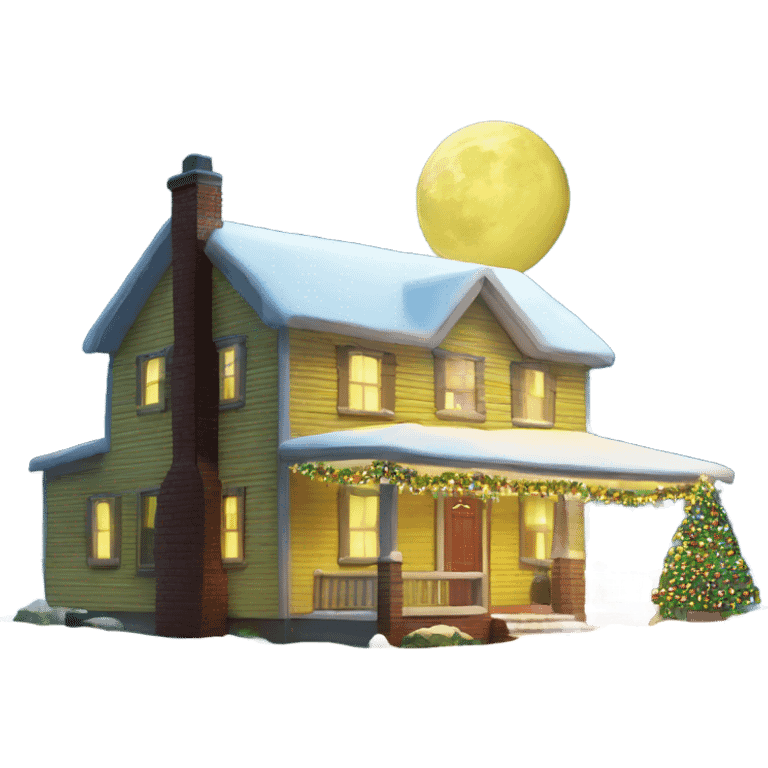 A yellow siding with brick base house decorated for Christmas at night with the moon shining emoji