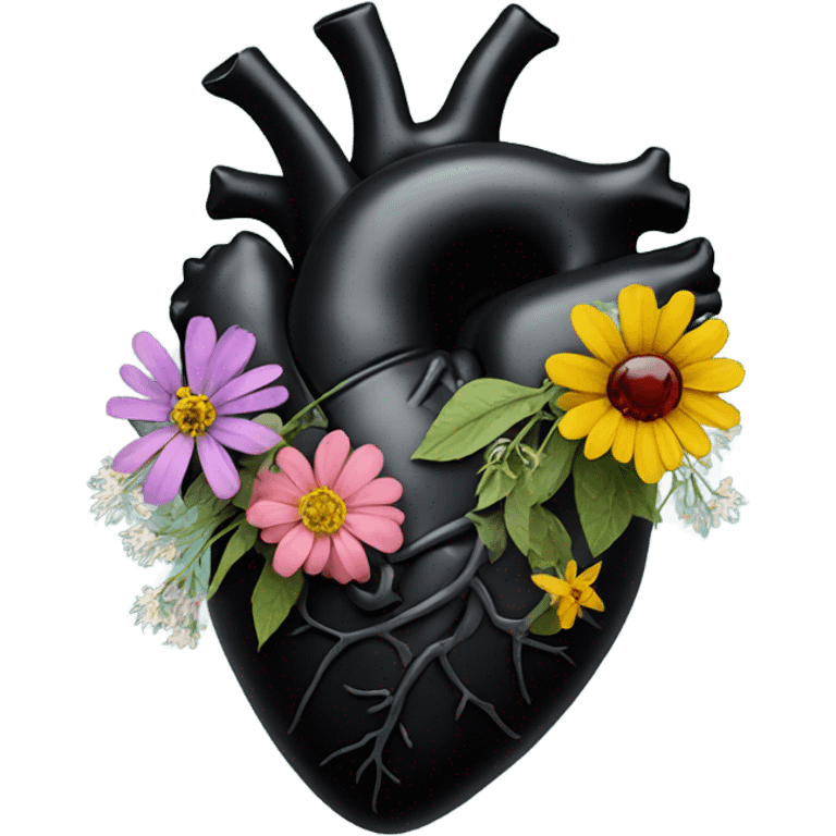 black anatomical heart with wildflowers emoji