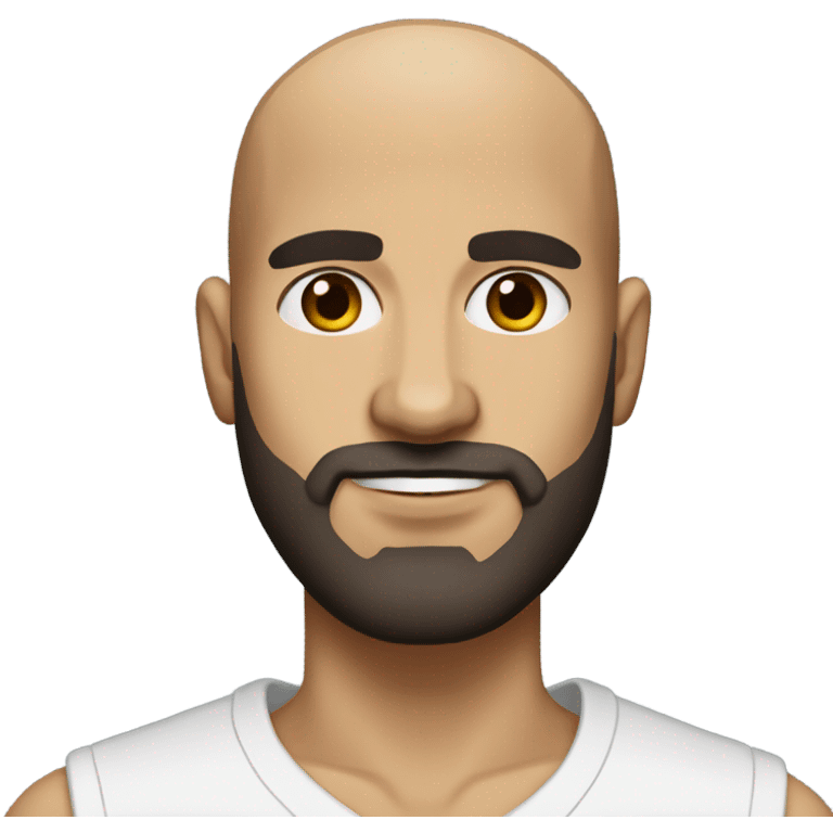  a shaved head, a dark beard, and bold facial features with intense brown eyes. His style is modern and fitted, with a Mediterranean touch, giving him a confident and authentic look. emoji