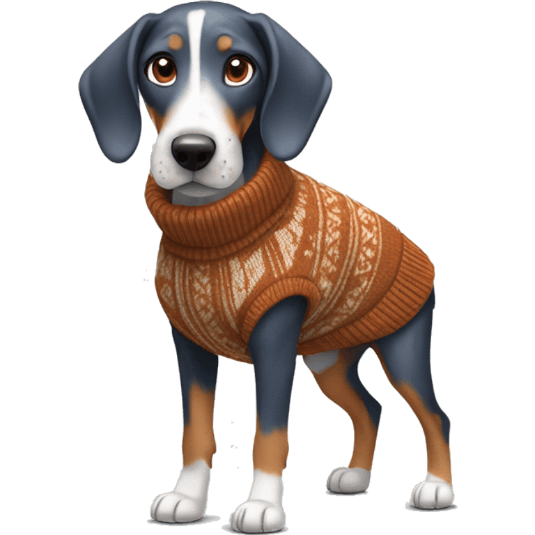 Miniature bluetick hound wearing a autumn sweater emoji