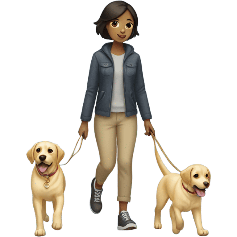 Girl with short dark hair walking 2 yellow labs emoji