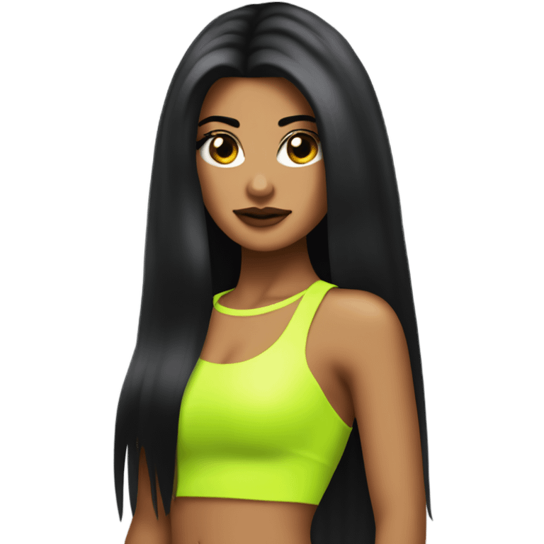 Tanned woman with long black hair dressed in Y2K pop hair, makeup, and neon attire emoji