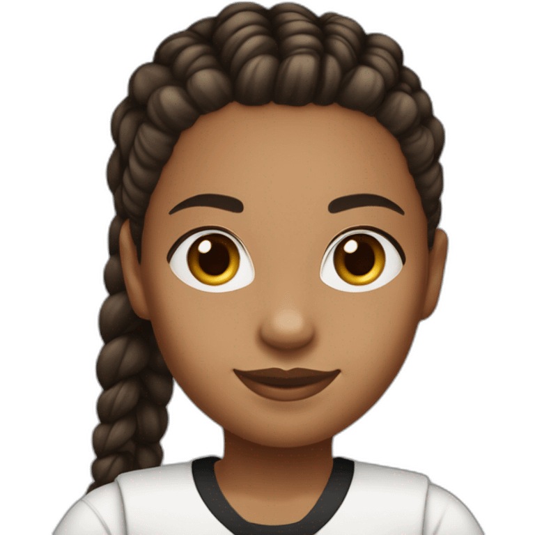 dark brown skin complexion  girl with a cornrows and bun hairstyle and her uniform is a white buttoned t-shirt and a black skirt. emoji