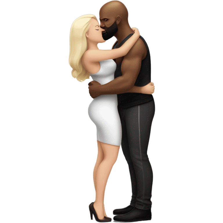 Curvy White brunette kissing muscular black bald man with beard emoji