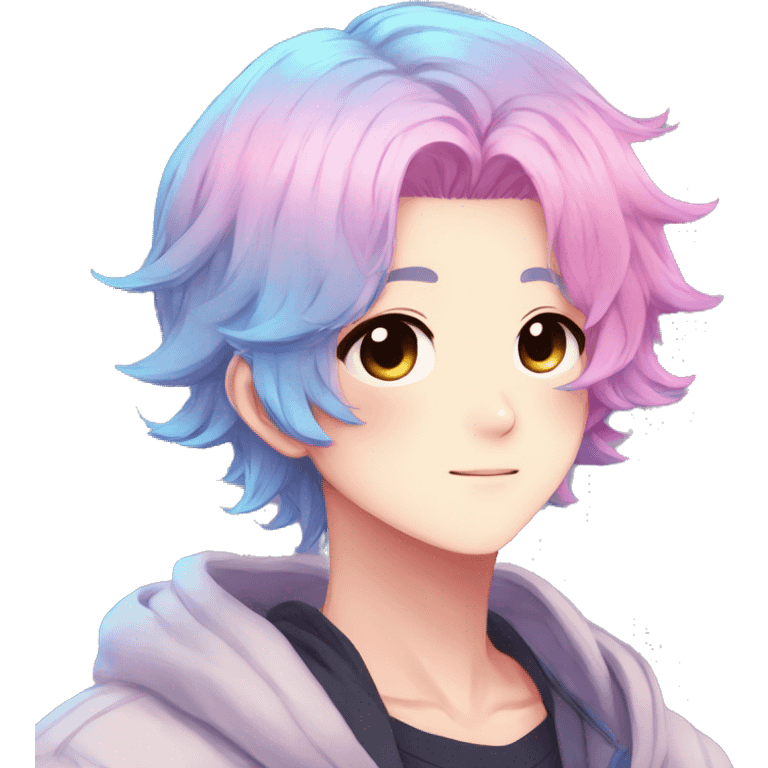 Gorgeous anime style shojo dude with blushing face aesthetic and pretty colorful shiny gradient pastel hair trending style emoji