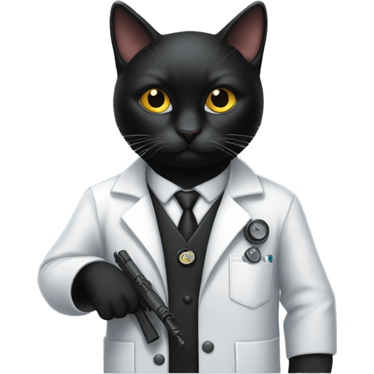 Black cat wearing a lab coat down scope of sniper rigle emoji