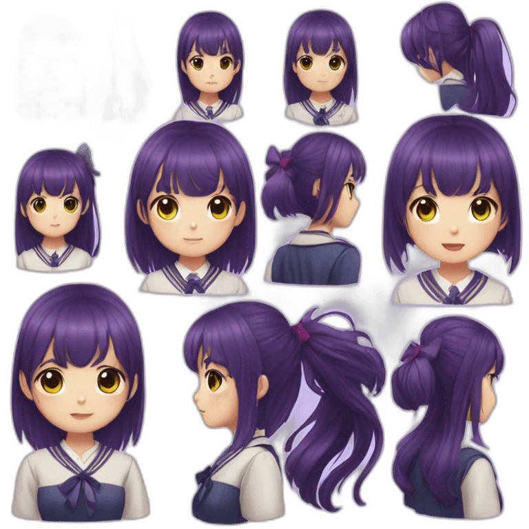 A 15 year old girl with a japanese school uniform, waify purple hair with bangs and a hair bow emoji