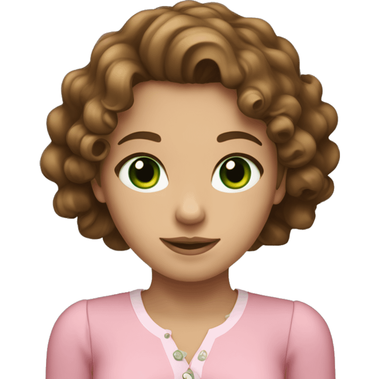 a brown-haired girl with green eyes, curly hair and a pink blouse emoji