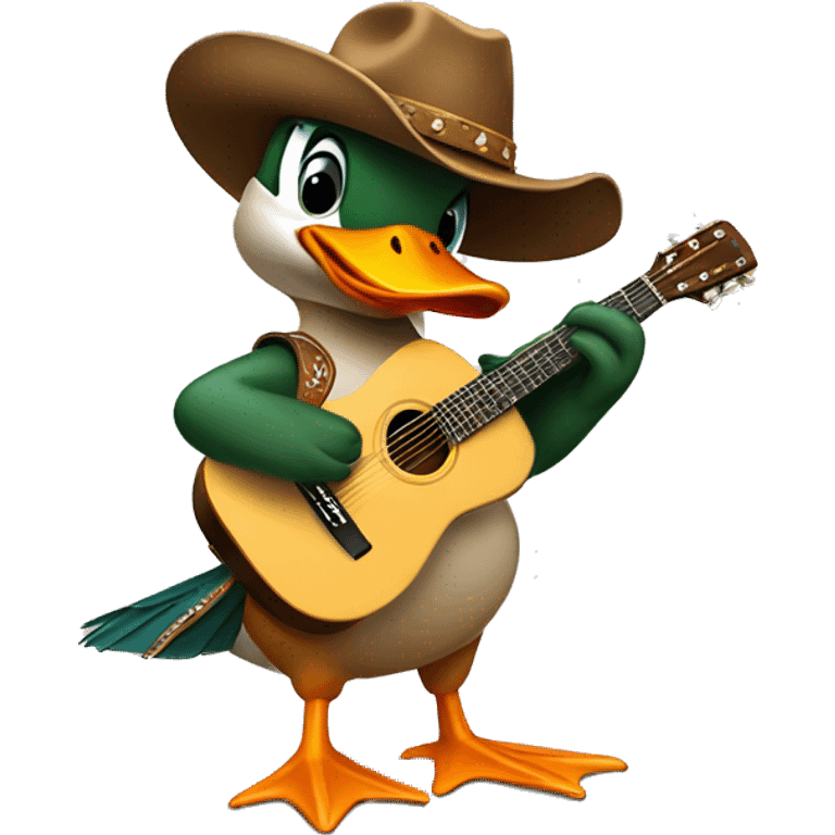 a mallard duck wearing a cowboy hat and playing an acoustic guitar  emoji