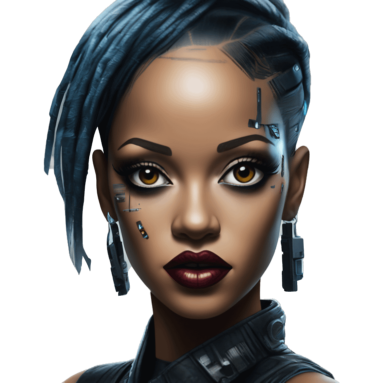 Cyberpunk Rihanna in bladerunner style, oil paint, epic eyes, intricate lips, exquisite pose, beautiful, desirable, logical emoji