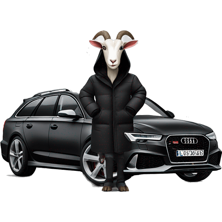 Goat in puffy black coat driving Audi RS6 emoji