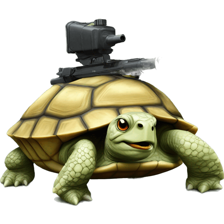 photorealistic tired military turtle with gun emoji