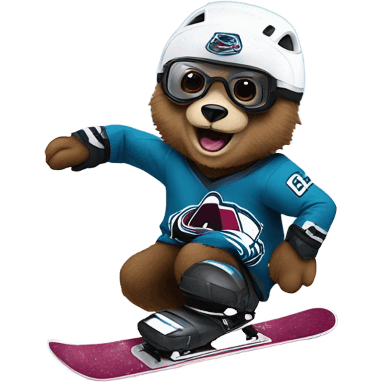 Bear on a snowboard in Colorado avalanche jersey doing hardcore tricks wearing helmet and goggles emoji