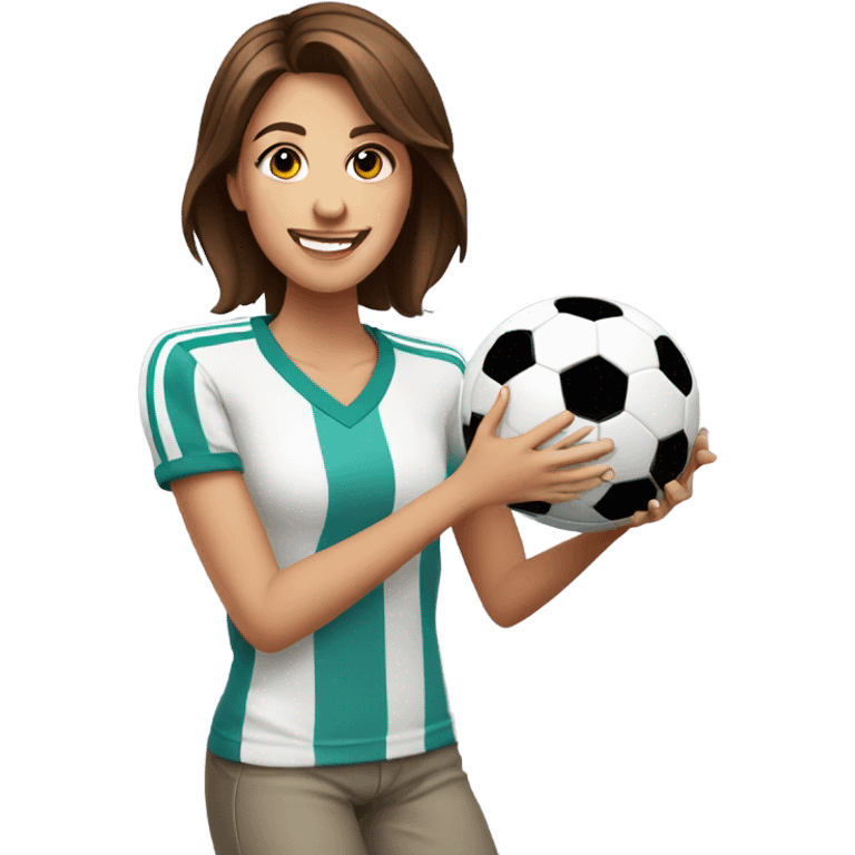 Pretty woman with short brown hair holding a soccer ball emoji