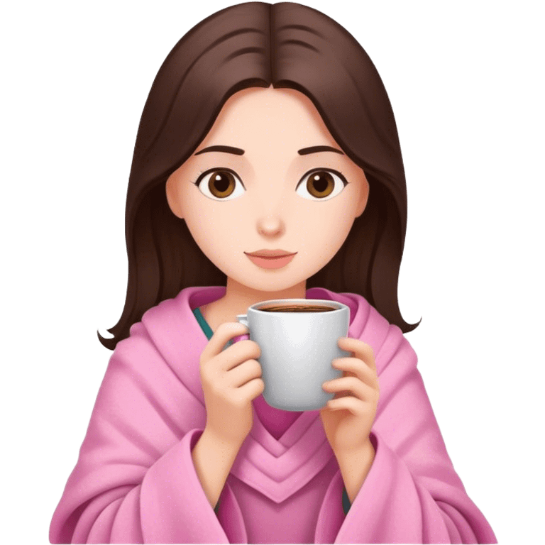 Brunette girl in pink blanket drinking coffee emoji