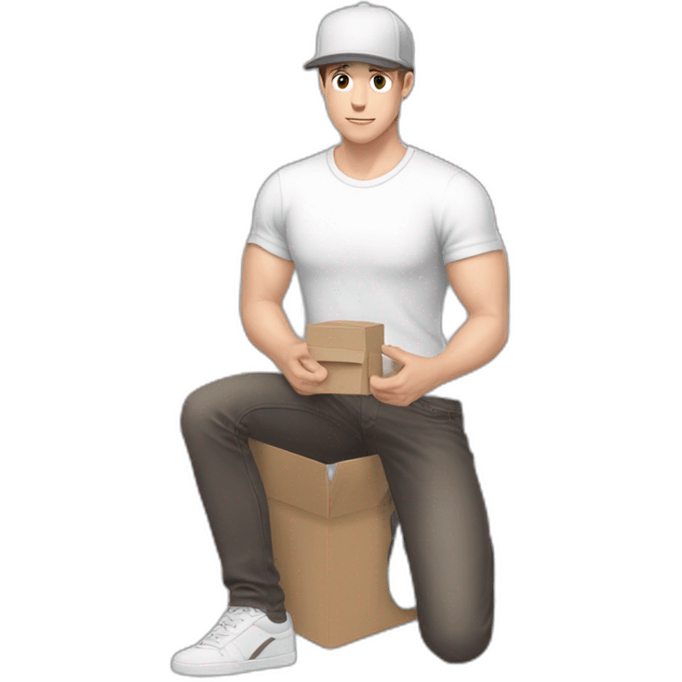 Pale skinned fit Man with dark brown hair in a light gray cap, dark brown jeans, brown polo and white T-shirt keeping a pasted with tape white box into his hands emoji