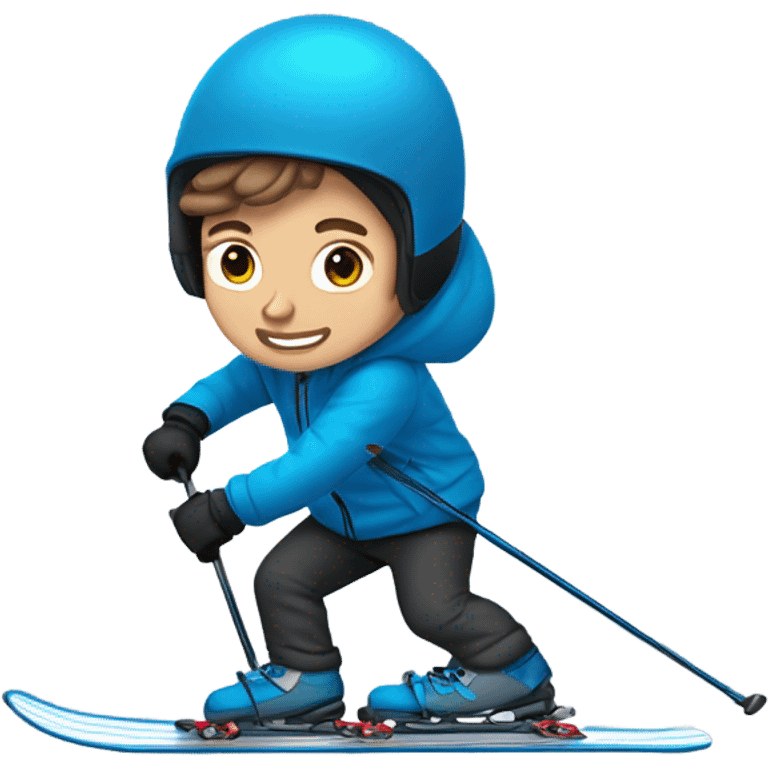 white Boy with wavy brown hair skiing with blue skis. He is wearing all black snow pants and a GRAY jacket   emoji