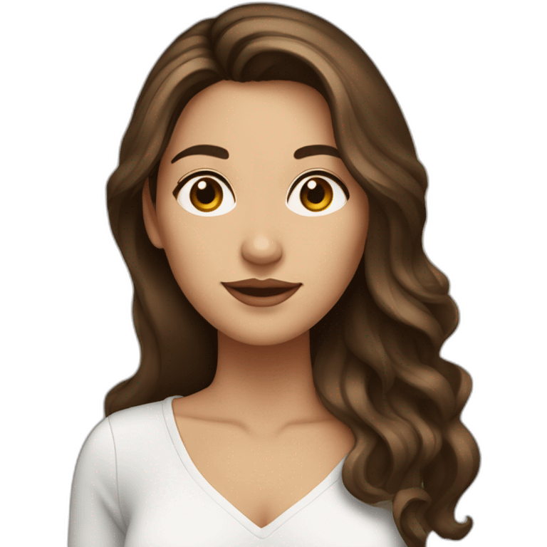 Brunette woman with balayage and long hair, brown eyes with a computer emoji