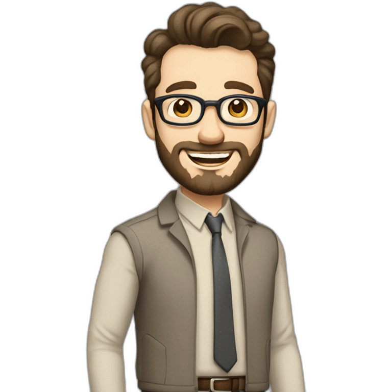 Joyful Full height Pale skinned Fit Man With dark brown hair in gray jacket, beige office shirt, Brown pants and vintage glasses. His thrumbs up, small beard emoji