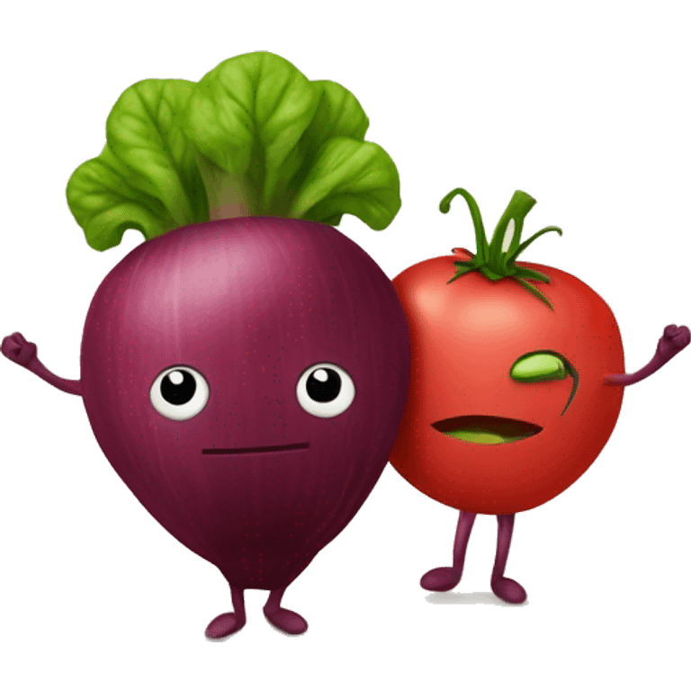 A beetroot with little arms and a tomato with little arms, both holding hands like friends emoji