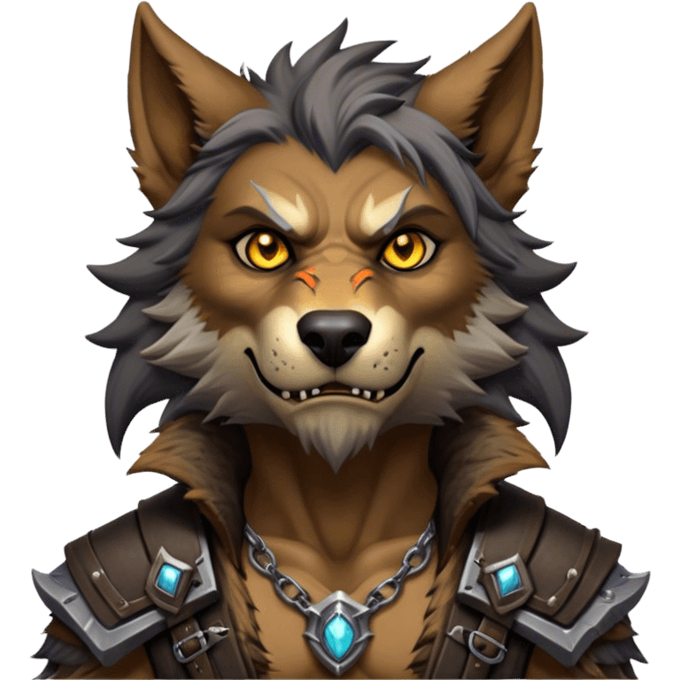 Cinematic Realistic WoW Worgen Portrait, head tilted epicly and inquisitively, showcasing the striking fusion of human intellect and beastly ferocity. His rugged fur and tanned skin, accented by piercing amber eyes and meticulously rendered worn leather garments, are bathed in dynamic lighting, high shine, epic and awe-inspiring, capturing the relentless spirit of a worgen at the apex of his power. emoji